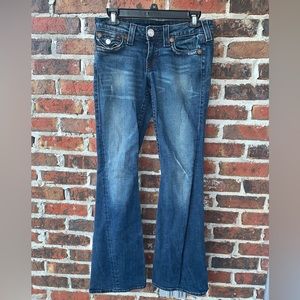 True Religion Dark Wash Distressed Jeans Wide Bottom Boot Cut